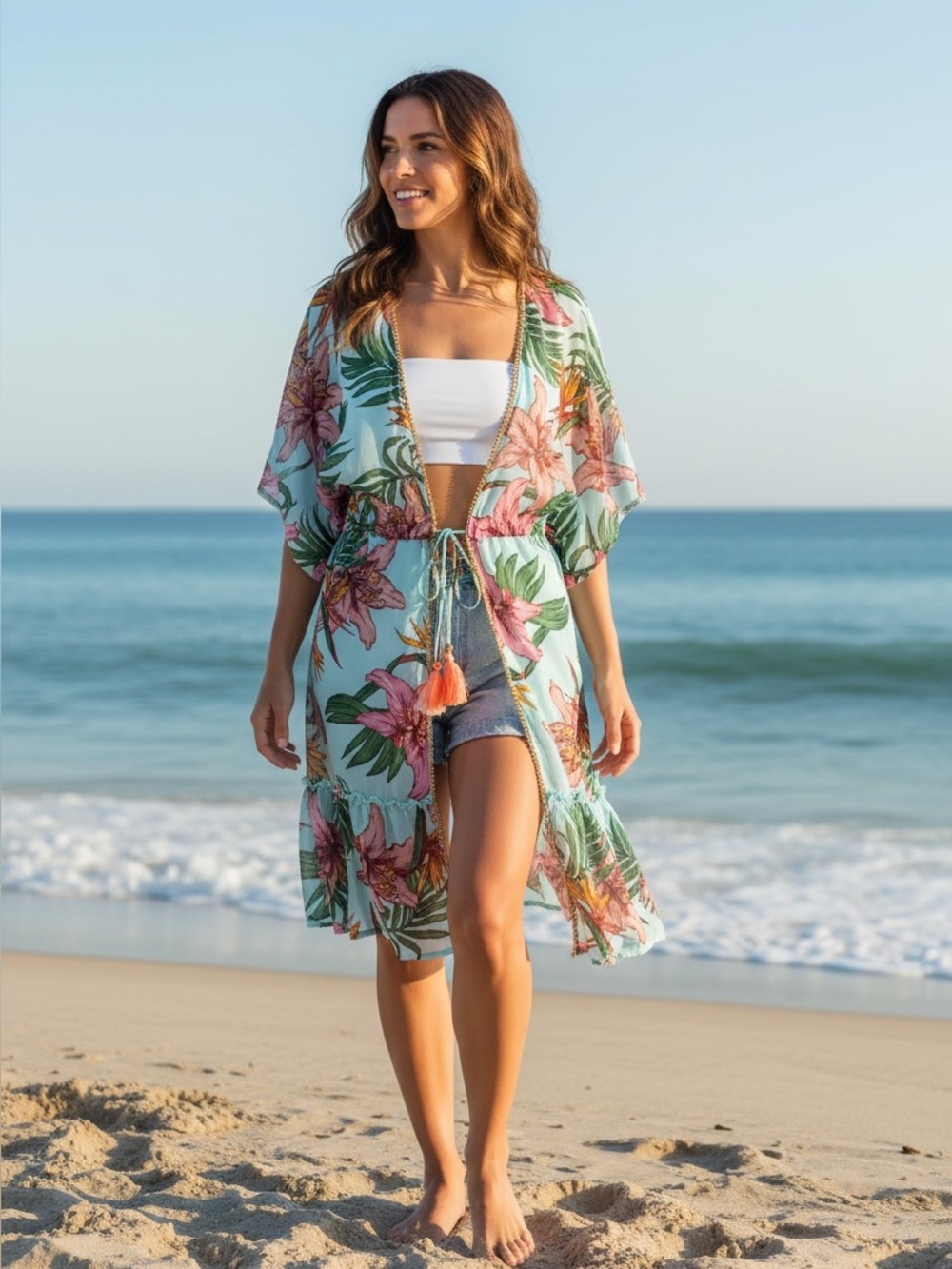 True Destinations Floral Light Blue Tie-Waist Swim Coverup Kimono